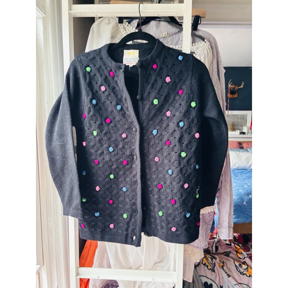 Vintage 60s 70s Medium‎ Cottagecore Appliqué Cardigan Grandma Sweater Polka Dot